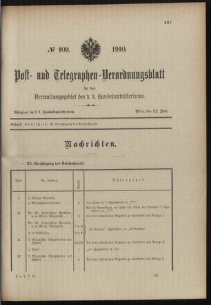 Post- und Telegraphen-Verordnungsblatt für das Verwaltungsgebiet des K.-K. Handelsministeriums 19100723 Seite: 1