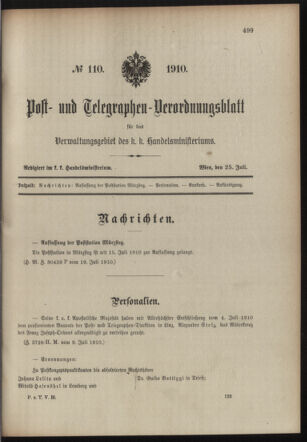 Post- und Telegraphen-Verordnungsblatt für das Verwaltungsgebiet des K.-K. Handelsministeriums 19100725 Seite: 1