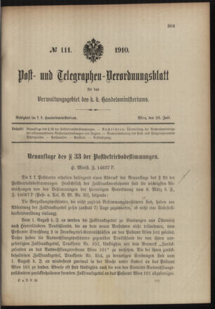 Post- und Telegraphen-Verordnungsblatt für das Verwaltungsgebiet des K.-K. Handelsministeriums 19100726 Seite: 1