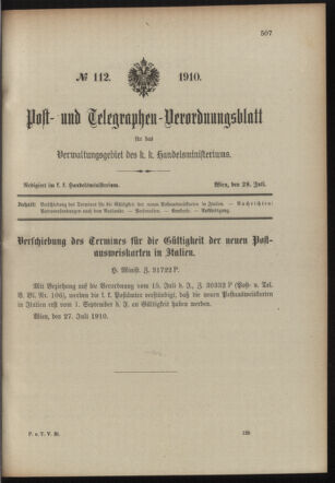 Post- und Telegraphen-Verordnungsblatt für das Verwaltungsgebiet des K.-K. Handelsministeriums 19100728 Seite: 1