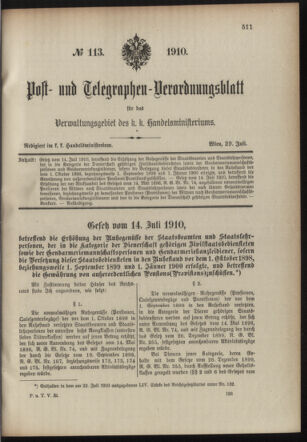 Post- und Telegraphen-Verordnungsblatt für das Verwaltungsgebiet des K.-K. Handelsministeriums 19100729 Seite: 1