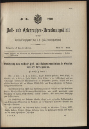 Post- und Telegraphen-Verordnungsblatt für das Verwaltungsgebiet des K.-K. Handelsministeriums 19100801 Seite: 1