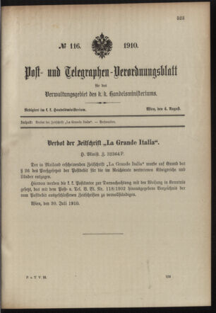 Post- und Telegraphen-Verordnungsblatt für das Verwaltungsgebiet des K.-K. Handelsministeriums 19100804 Seite: 1