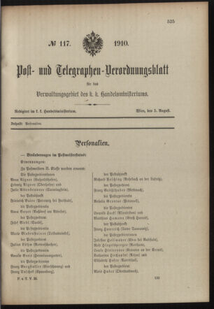 Post- und Telegraphen-Verordnungsblatt für das Verwaltungsgebiet des K.-K. Handelsministeriums 19100805 Seite: 1