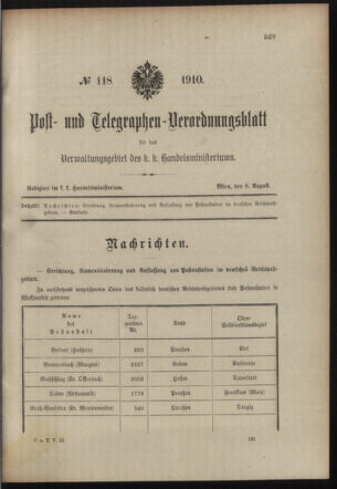 Post- und Telegraphen-Verordnungsblatt für das Verwaltungsgebiet des K.-K. Handelsministeriums 19100808 Seite: 1