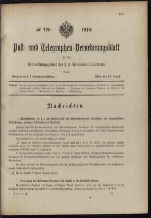 Post- und Telegraphen-Verordnungsblatt für das Verwaltungsgebiet des K.-K. Handelsministeriums 19100813 Seite: 1