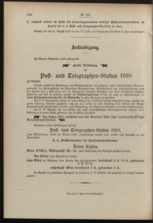 Post- und Telegraphen-Verordnungsblatt für das Verwaltungsgebiet des K.-K. Handelsministeriums 19100813 Seite: 4