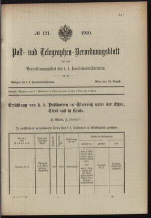 Post- und Telegraphen-Verordnungsblatt für das Verwaltungsgebiet des K.-K. Handelsministeriums 19100816 Seite: 1