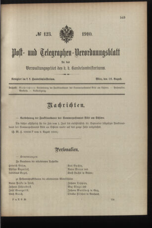 Post- und Telegraphen-Verordnungsblatt für das Verwaltungsgebiet des K.-K. Handelsministeriums 19100818 Seite: 1