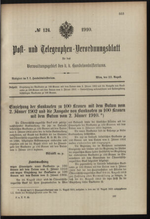 Post- und Telegraphen-Verordnungsblatt für das Verwaltungsgebiet des K.-K. Handelsministeriums 19100822 Seite: 1