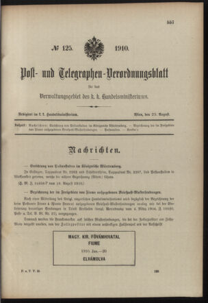 Post- und Telegraphen-Verordnungsblatt für das Verwaltungsgebiet des K.-K. Handelsministeriums 19100825 Seite: 1