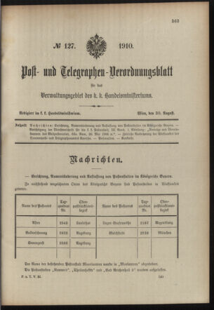 Post- und Telegraphen-Verordnungsblatt für das Verwaltungsgebiet des K.-K. Handelsministeriums 19100830 Seite: 1