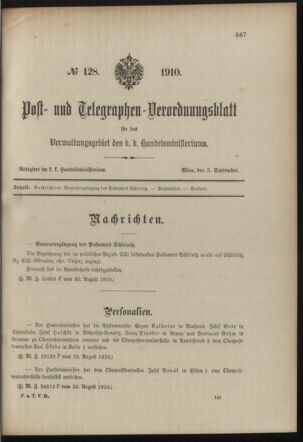 Post- und Telegraphen-Verordnungsblatt für das Verwaltungsgebiet des K.-K. Handelsministeriums 19100903 Seite: 1