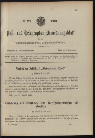 Post- und Telegraphen-Verordnungsblatt für das Verwaltungsgebiet des K.-K. Handelsministeriums 19100907 Seite: 1