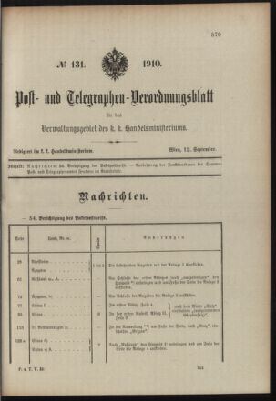 Post- und Telegraphen-Verordnungsblatt für das Verwaltungsgebiet des K.-K. Handelsministeriums 19100912 Seite: 1