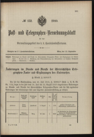 Post- und Telegraphen-Verordnungsblatt für das Verwaltungsgebiet des K.-K. Handelsministeriums 19100913 Seite: 1