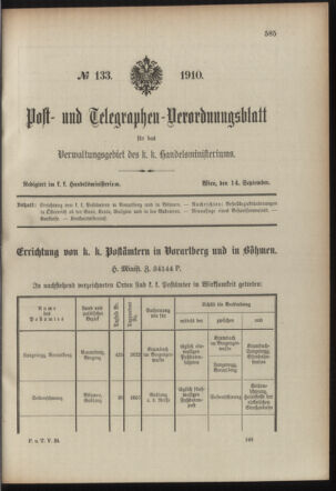 Post- und Telegraphen-Verordnungsblatt für das Verwaltungsgebiet des K.-K. Handelsministeriums 19100914 Seite: 1