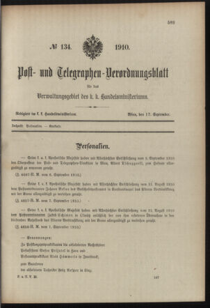 Post- und Telegraphen-Verordnungsblatt für das Verwaltungsgebiet des K.-K. Handelsministeriums 19100917 Seite: 1