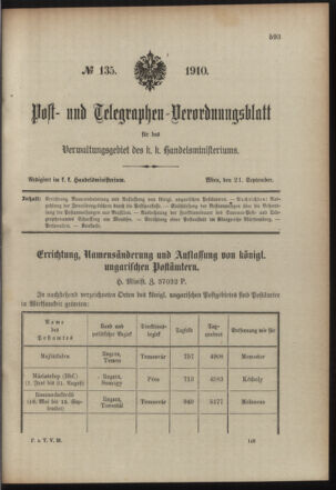 Post- und Telegraphen-Verordnungsblatt für das Verwaltungsgebiet des K.-K. Handelsministeriums 19100921 Seite: 1