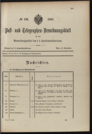 Post- und Telegraphen-Verordnungsblatt für das Verwaltungsgebiet des K.-K. Handelsministeriums 19100926 Seite: 1