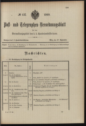 Post- und Telegraphen-Verordnungsblatt für das Verwaltungsgebiet des K.-K. Handelsministeriums 19100927 Seite: 1