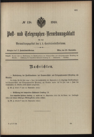 Post- und Telegraphen-Verordnungsblatt für das Verwaltungsgebiet des K.-K. Handelsministeriums 19100928 Seite: 1