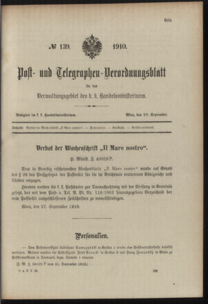 Post- und Telegraphen-Verordnungsblatt für das Verwaltungsgebiet des K.-K. Handelsministeriums 19100929 Seite: 1