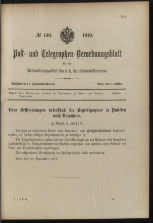 Post- und Telegraphen-Verordnungsblatt für das Verwaltungsgebiet des K.-K. Handelsministeriums 19101001 Seite: 1