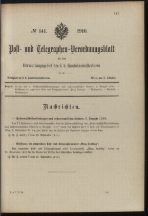 Post- und Telegraphen-Verordnungsblatt für das Verwaltungsgebiet des K.-K. Handelsministeriums 19101005 Seite: 1