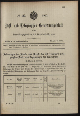 Post- und Telegraphen-Verordnungsblatt für das Verwaltungsgebiet des K.-K. Handelsministeriums 19101006 Seite: 1