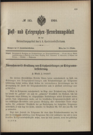 Post- und Telegraphen-Verordnungsblatt für das Verwaltungsgebiet des K.-K. Handelsministeriums 19101013 Seite: 1