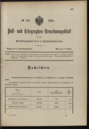 Post- und Telegraphen-Verordnungsblatt für das Verwaltungsgebiet des K.-K. Handelsministeriums 19101017 Seite: 1