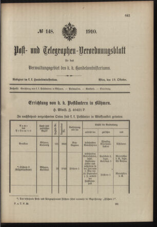 Post- und Telegraphen-Verordnungsblatt für das Verwaltungsgebiet des K.-K. Handelsministeriums 19101019 Seite: 1