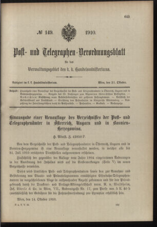 Post- und Telegraphen-Verordnungsblatt für das Verwaltungsgebiet des K.-K. Handelsministeriums 19101021 Seite: 1