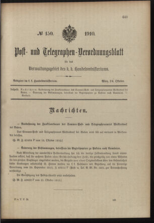 Post- und Telegraphen-Verordnungsblatt für das Verwaltungsgebiet des K.-K. Handelsministeriums 19101024 Seite: 1