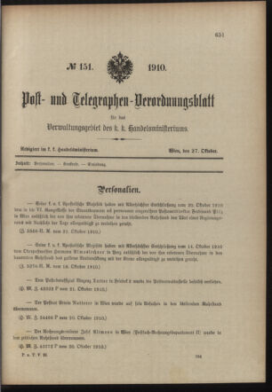 Post- und Telegraphen-Verordnungsblatt für das Verwaltungsgebiet des K.-K. Handelsministeriums 19101027 Seite: 1