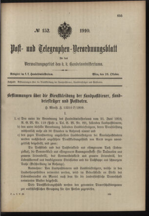 Post- und Telegraphen-Verordnungsblatt für das Verwaltungsgebiet des K.-K. Handelsministeriums 19101028 Seite: 1