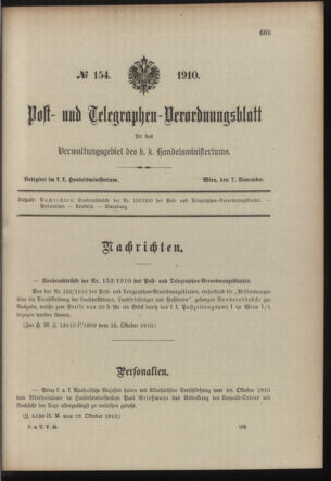 Post- und Telegraphen-Verordnungsblatt für das Verwaltungsgebiet des K.-K. Handelsministeriums 19101107 Seite: 1