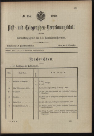 Post- und Telegraphen-Verordnungsblatt für das Verwaltungsgebiet des K.-K. Handelsministeriums 19101109 Seite: 1