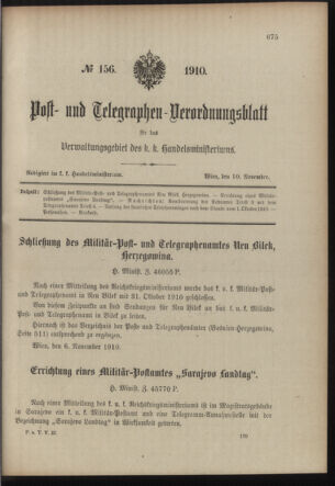 Post- und Telegraphen-Verordnungsblatt für das Verwaltungsgebiet des K.-K. Handelsministeriums 19101110 Seite: 1