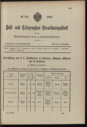 Post- und Telegraphen-Verordnungsblatt für das Verwaltungsgebiet des K.-K. Handelsministeriums 19101114 Seite: 1