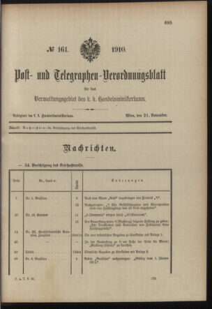 Post- und Telegraphen-Verordnungsblatt für das Verwaltungsgebiet des K.-K. Handelsministeriums 19101121 Seite: 1