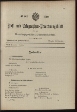 Post- und Telegraphen-Verordnungsblatt für das Verwaltungsgebiet des K.-K. Handelsministeriums 19101122 Seite: 1