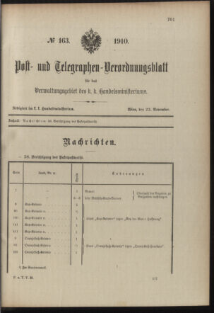 Post- und Telegraphen-Verordnungsblatt für das Verwaltungsgebiet des K.-K. Handelsministeriums 19101123 Seite: 1