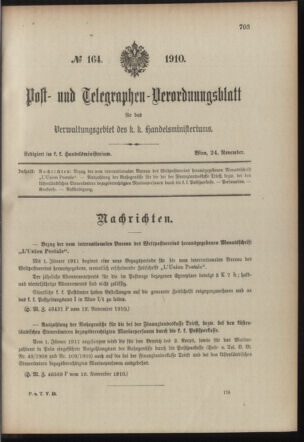 Post- und Telegraphen-Verordnungsblatt für das Verwaltungsgebiet des K.-K. Handelsministeriums 19101124 Seite: 1