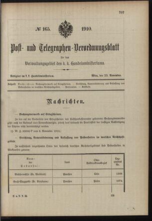 Post- und Telegraphen-Verordnungsblatt für das Verwaltungsgebiet des K.-K. Handelsministeriums 19101125 Seite: 1