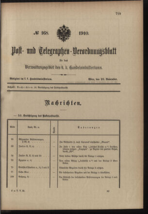 Post- und Telegraphen-Verordnungsblatt für das Verwaltungsgebiet des K.-K. Handelsministeriums 19101129 Seite: 1