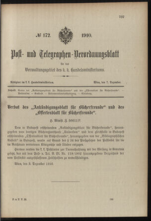 Post- und Telegraphen-Verordnungsblatt für das Verwaltungsgebiet des K.-K. Handelsministeriums 19101207 Seite: 1