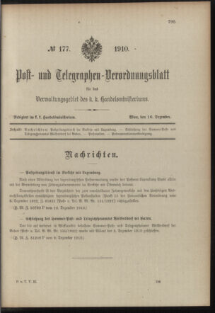 Post- und Telegraphen-Verordnungsblatt für das Verwaltungsgebiet des K.-K. Handelsministeriums 19101216 Seite: 1