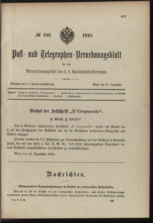 Post- und Telegraphen-Verordnungsblatt für das Verwaltungsgebiet des K.-K. Handelsministeriums 19101221 Seite: 1